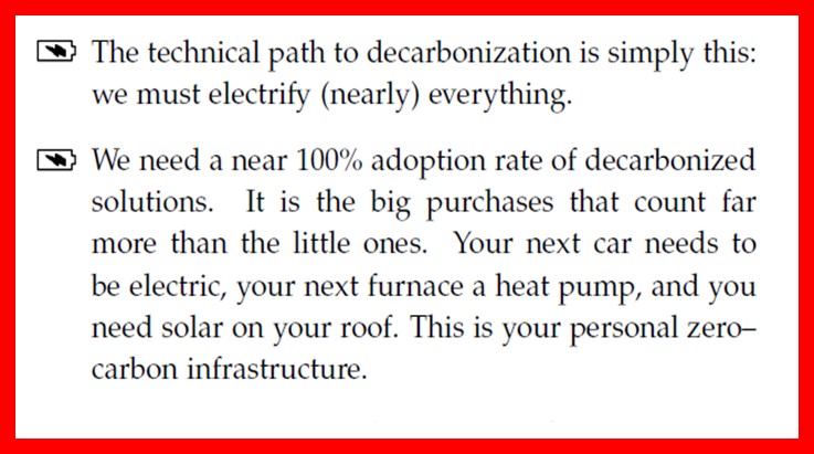 The path to decarbonization means we must electrify nearly everything. Big purchases count the most: electric car, heat pump, solar on your roof.